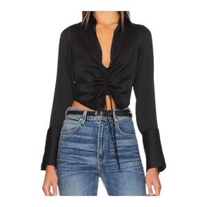 Free People Aurora Black Satin Ruched‎ Long Sleeves Blouse Open Front Sz …